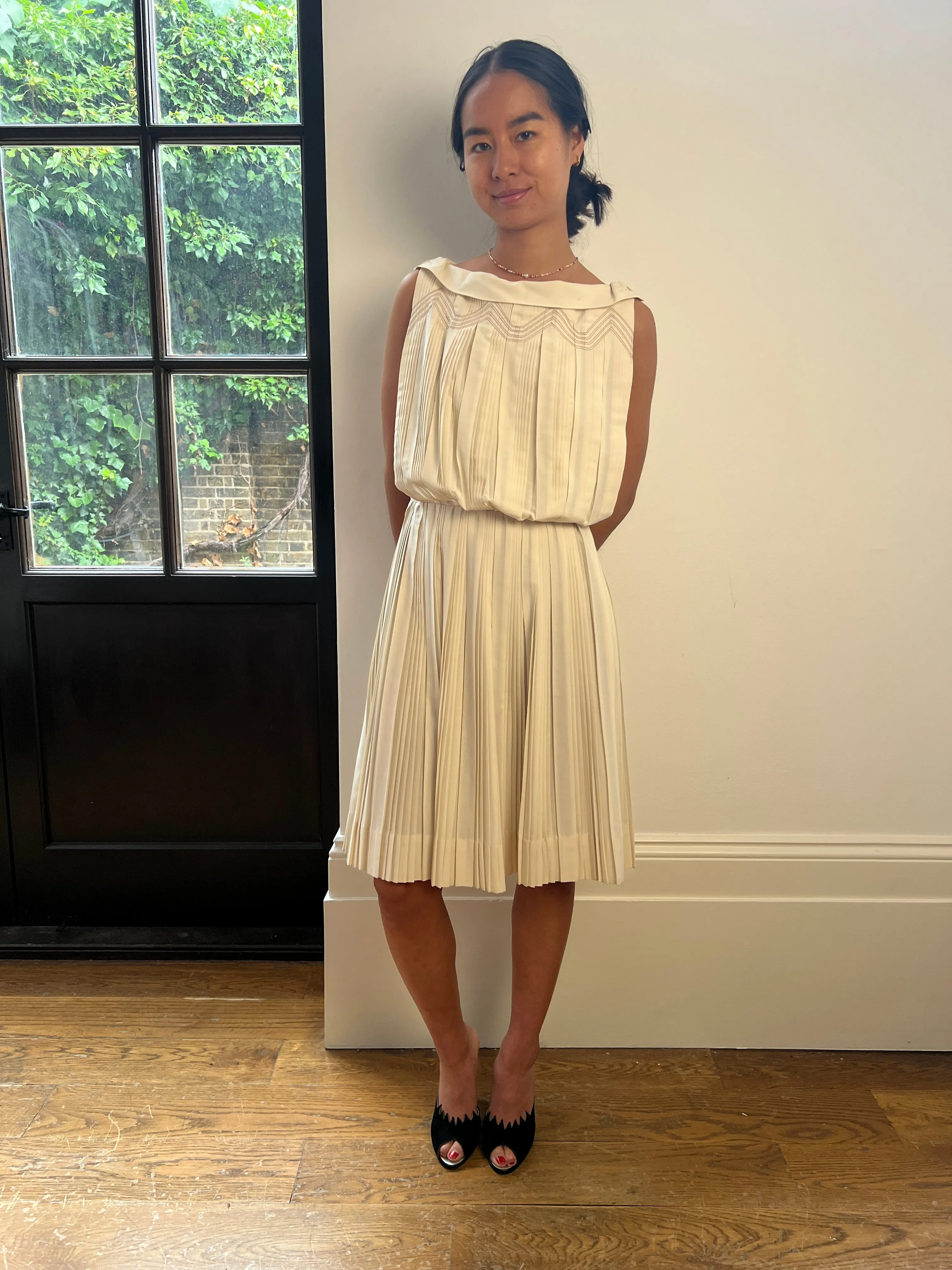 1950s Carlye Cream Cotton Knife Pleat Dress