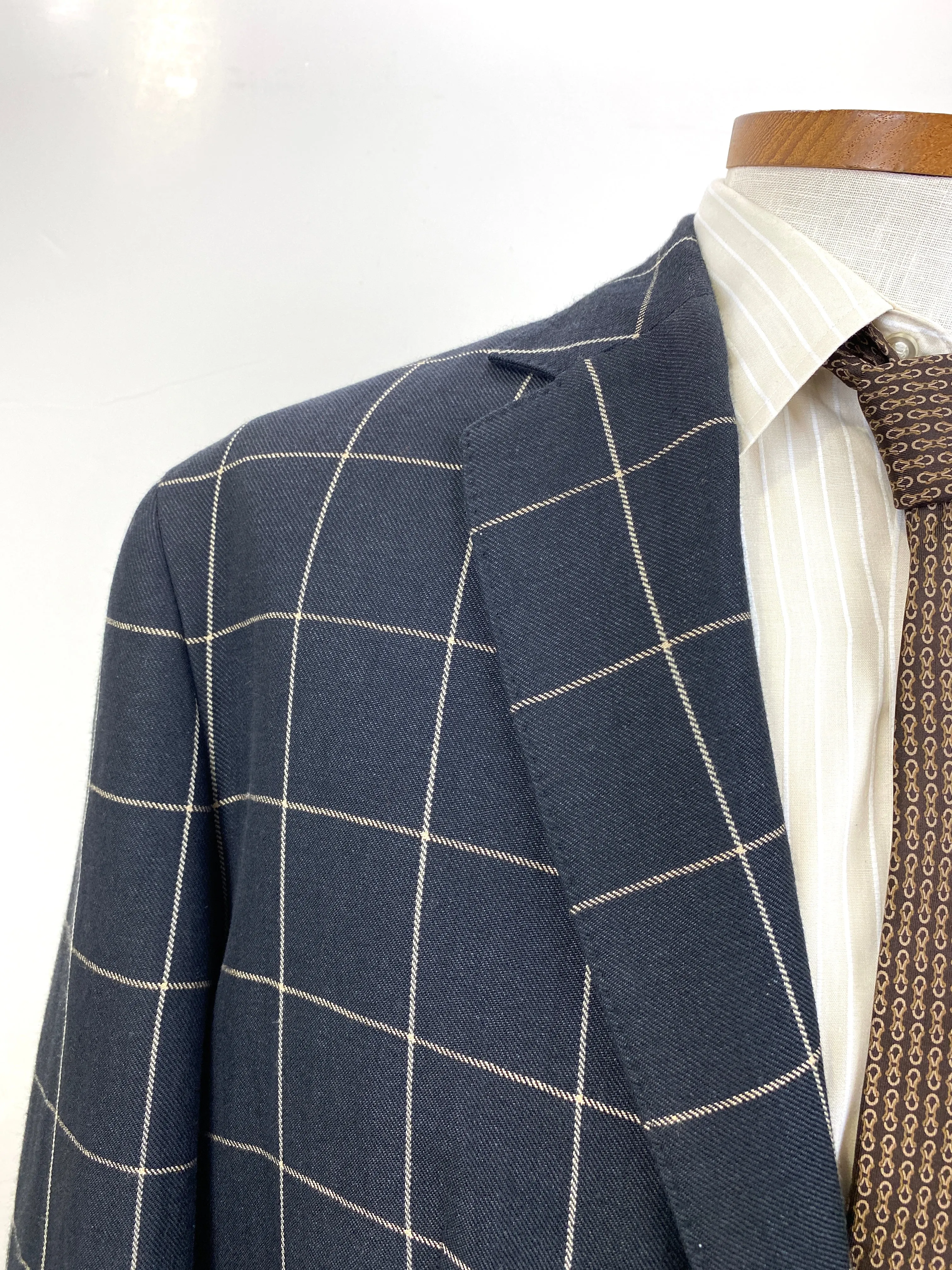 2000s Men's Black/ Beige Windowpane Blazer, Single-Breast Land's End Jacket, C44