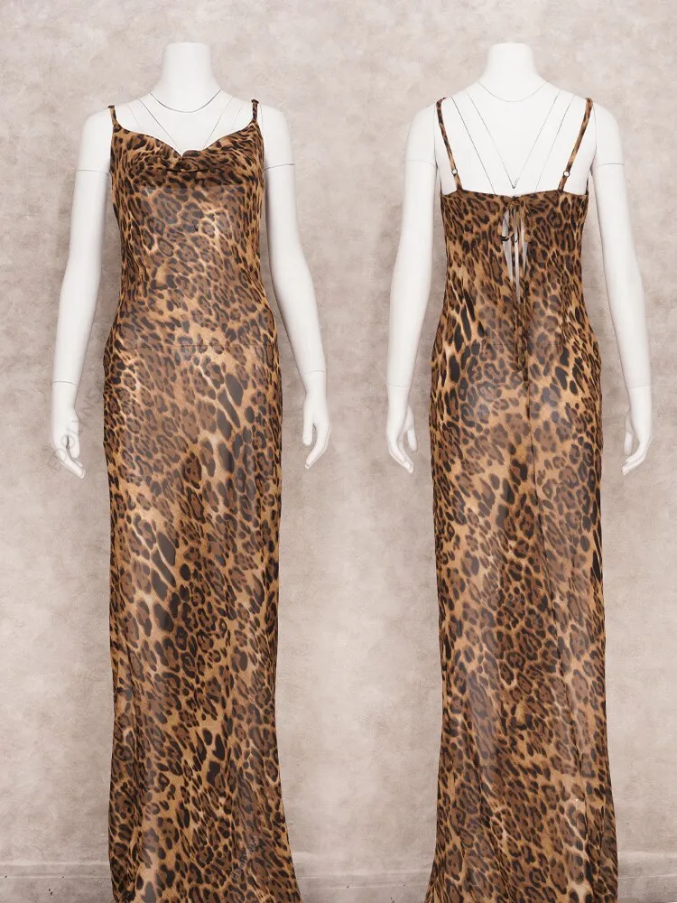 2023 vacation Sexy Spaghetti Strap Leopard Long Sundress Maxi Dress