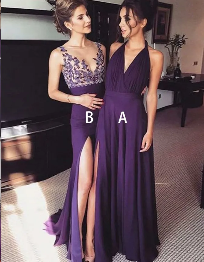 A-Line V-Neck Sleeveless Grape Chiffon Prom Dresses with Split, TYP1331