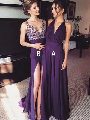 A-Line V-Neck Sleeveless Grape Chiffon Prom Dresses with Split, TYP1331