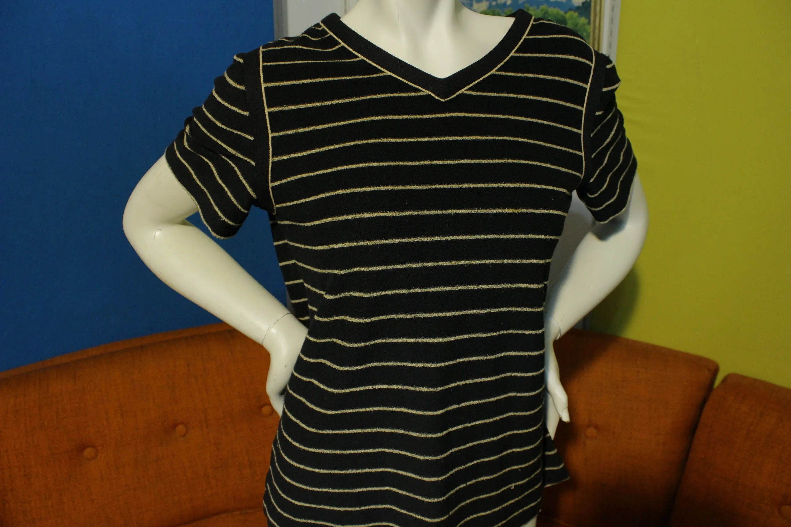 Act III Terry Cloth Vintage Striped 80's Women's Top Shirt V-Neck Medium