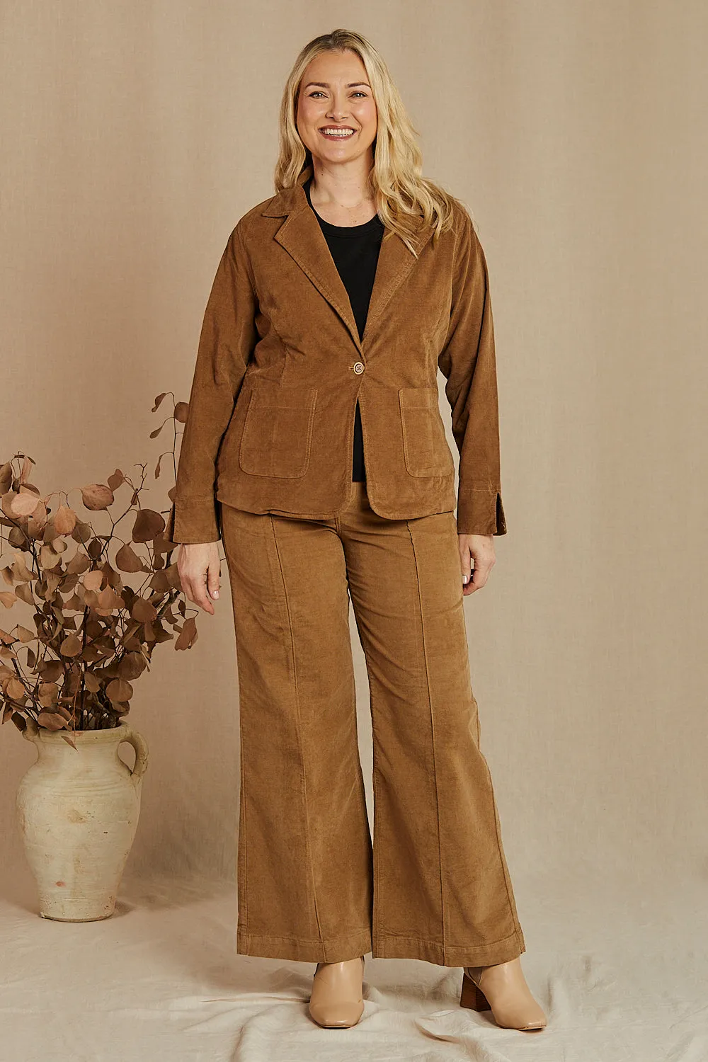 Adrift Relaxed Brushed Cotton Blazer in Camel