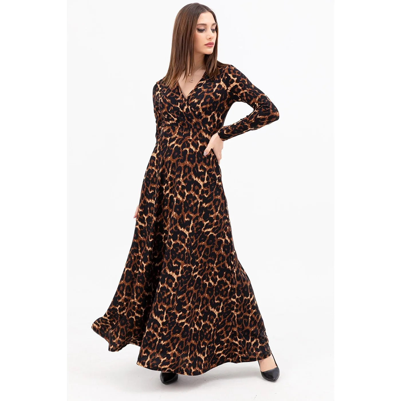 Animal Print Double Breasted Neck Long Dress