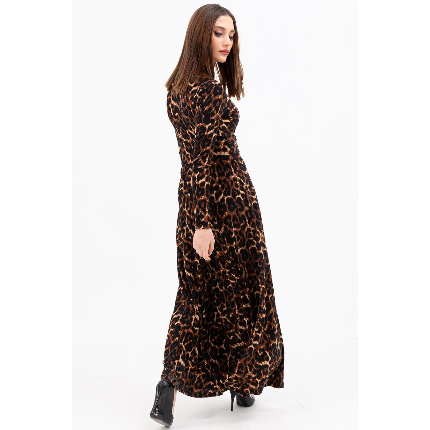 Animal Print Double Breasted Neck Long Dress