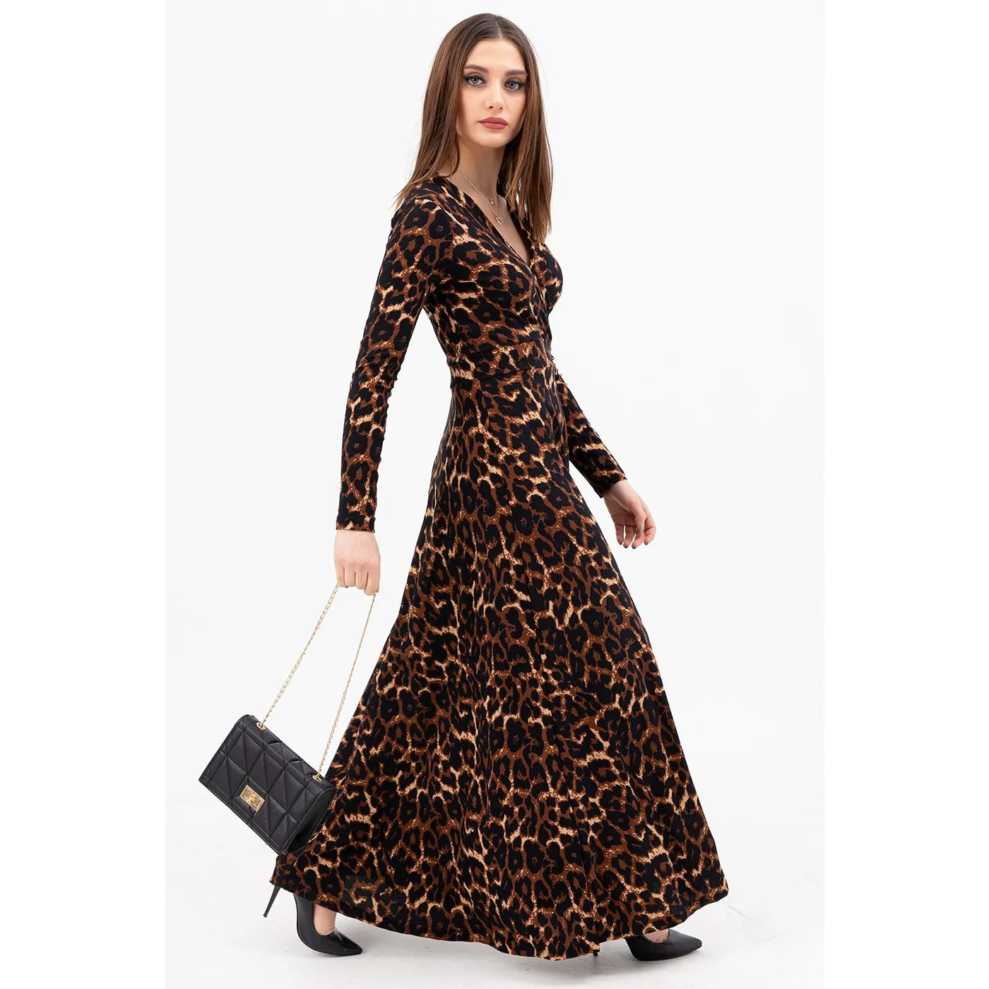 Animal Print Double Breasted Neck Long Dress