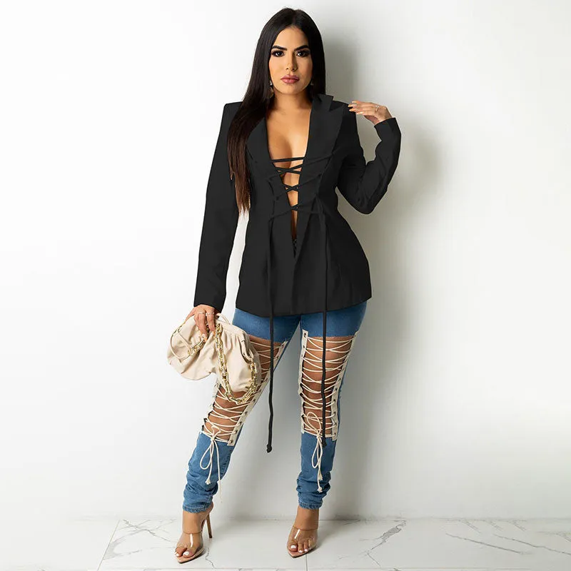 Bandage Lace Up Notched Blazer