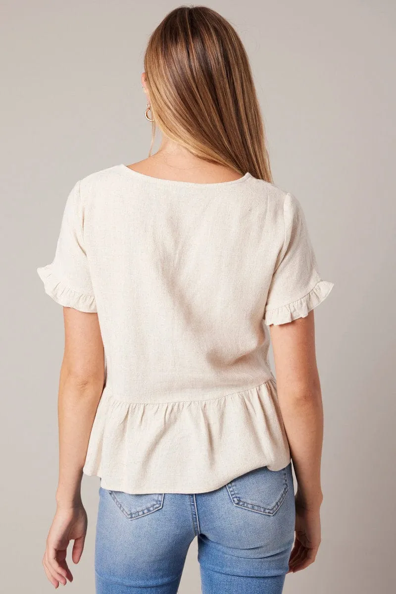 Beige Button Up Top V-Neck Frill Hem Top Linen