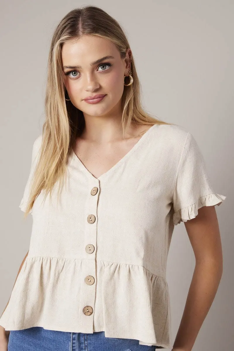 Beige Button Up Top V-Neck Frill Hem Top Linen