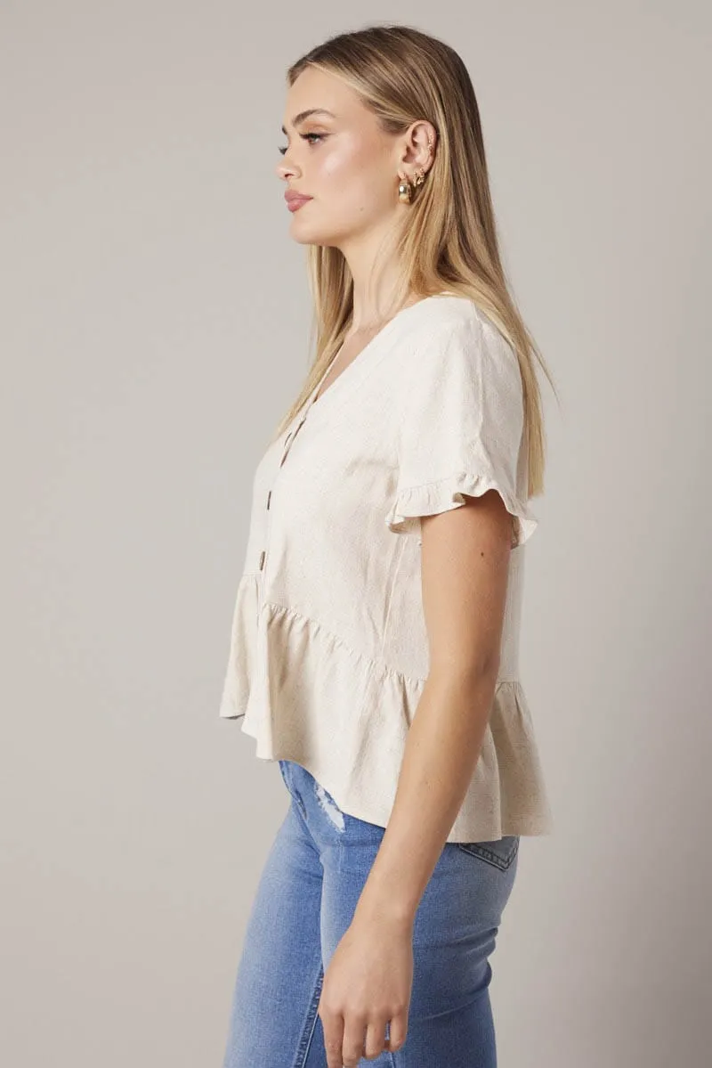 Beige Button Up Top V-Neck Frill Hem Top Linen