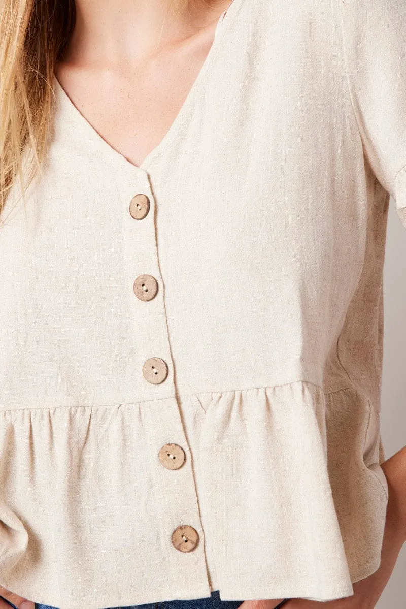 Beige Button Up Top V-Neck Frill Hem Top Linen