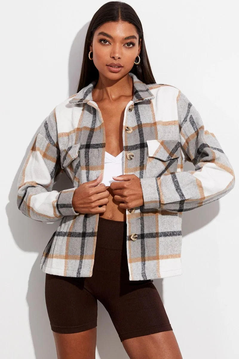 Beige Check Print Shirt Long Sleeve