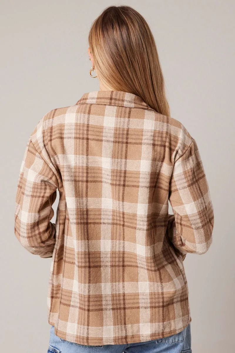 Beige Check Relaxed Shirt Long Sleeve