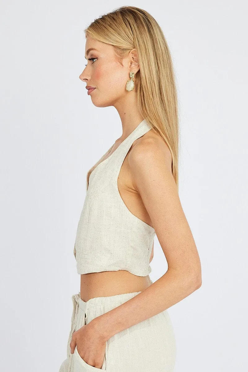 Beige Halter Neck Vest V Neckline Linen