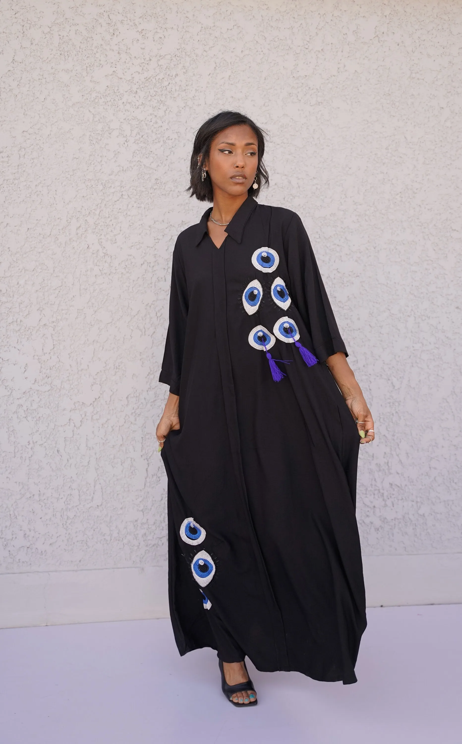 Black eye of horus caftan, embroidered Cotton caftan, African women clothing, Boho caftan dress, caftans for women, Boho summer caftan