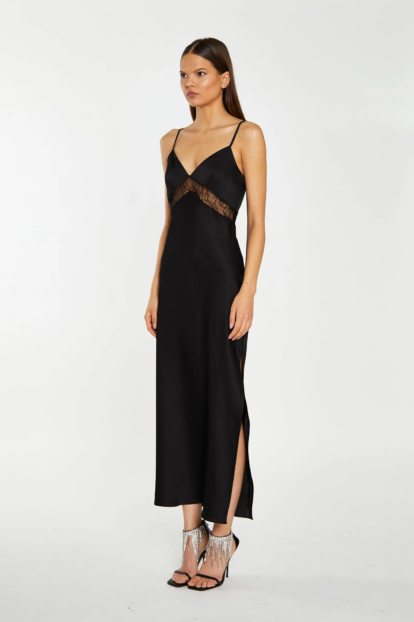 Black Lace Trim Cami Midaxi-Dress