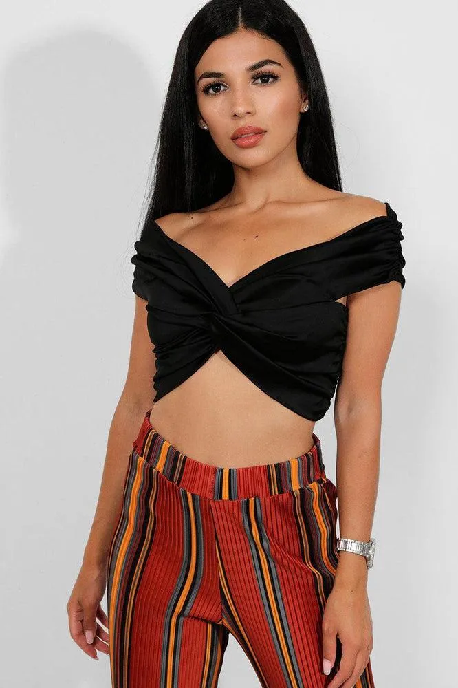 Black Ruched Satin Bardot Crop Top