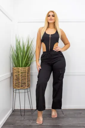 Black Sides Cutout Cargo Jumpsuit