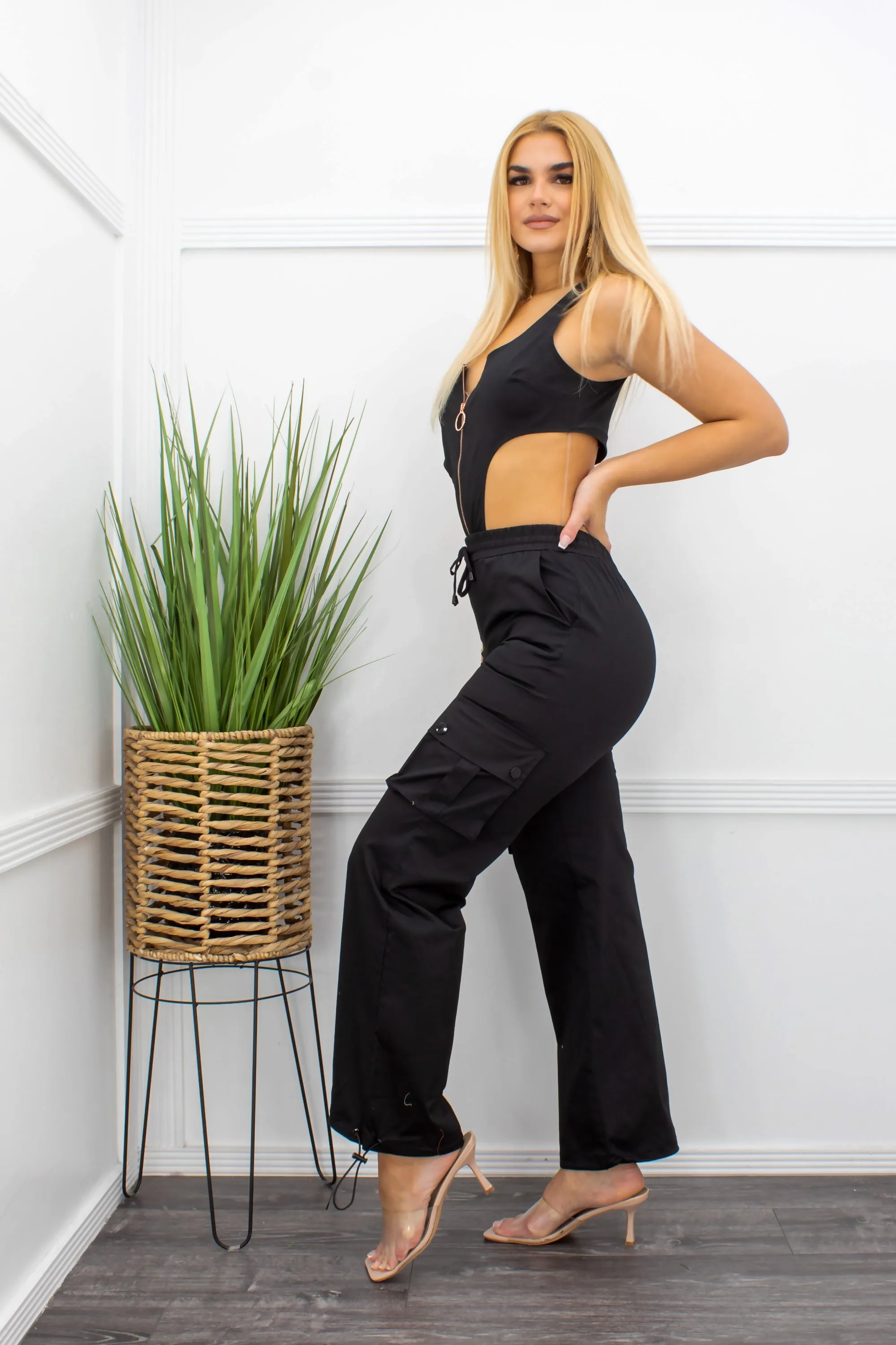 Black Sides Cutout Cargo Jumpsuit