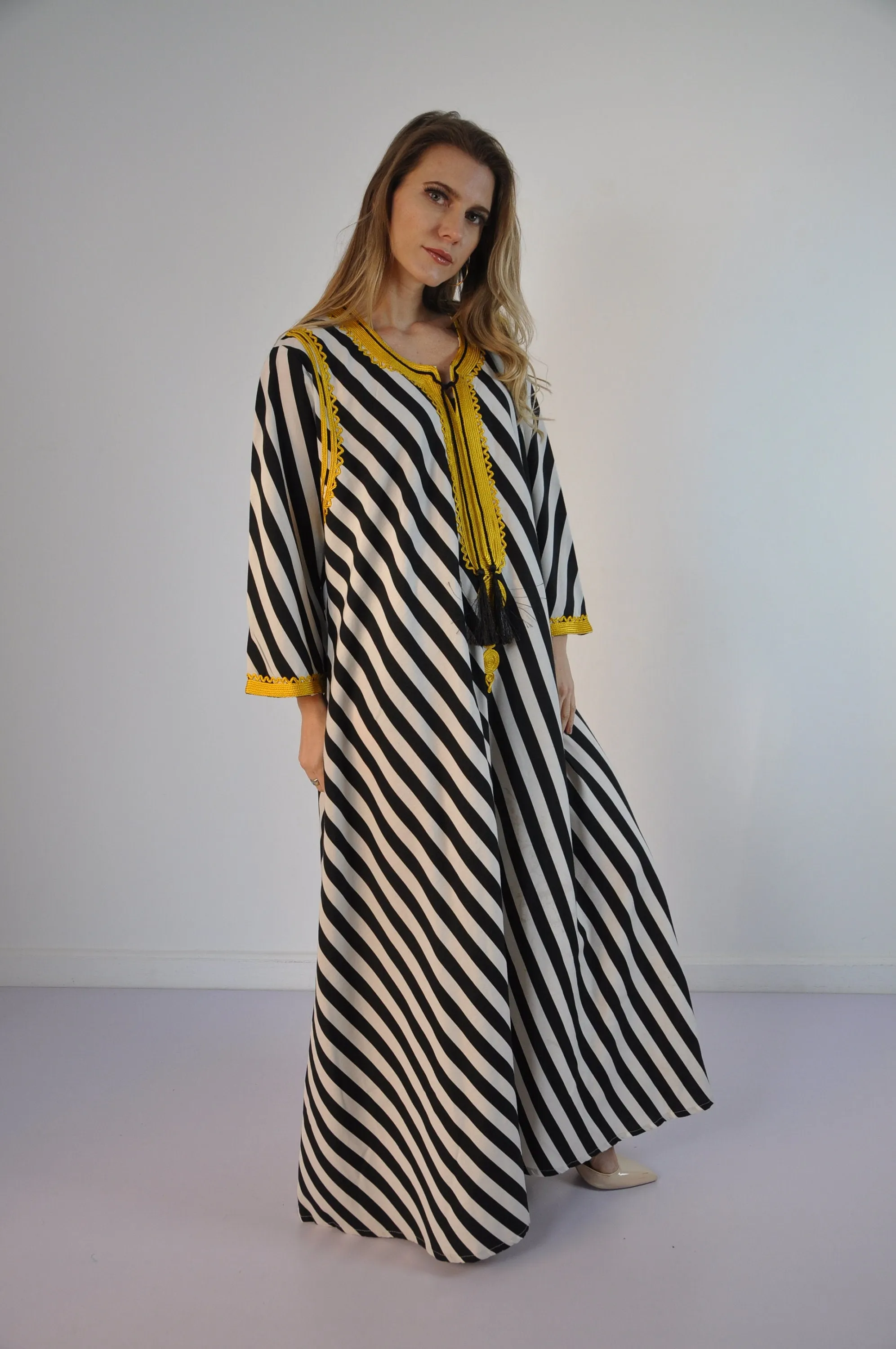 Black Striped Elegant gold embroidered Kaftan dress, Bohemian Kaftan, Egyptian cotton. Gala, Elegant, Arabic Dress. Free size S to XL