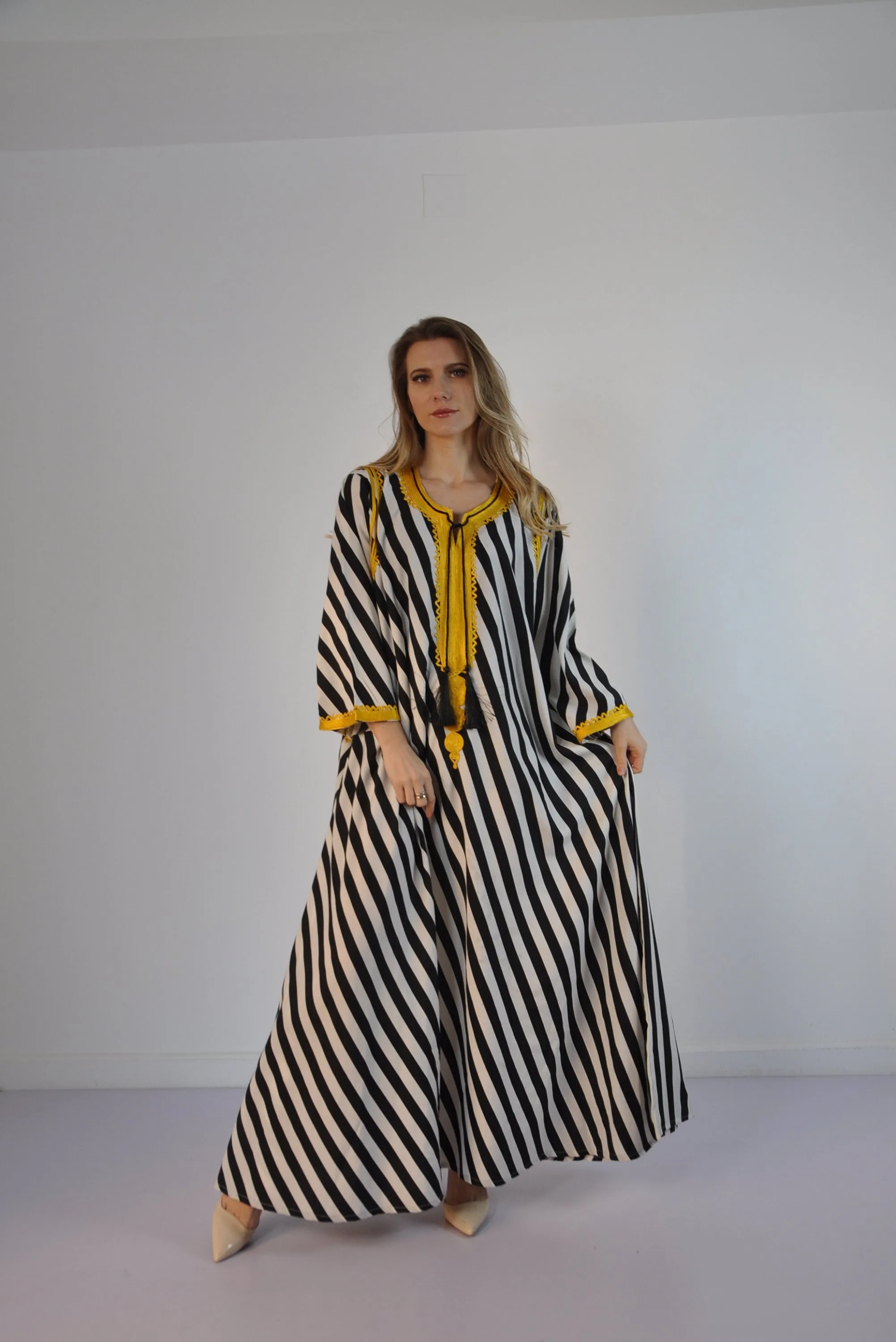 Black Striped Elegant gold embroidered Kaftan dress, Bohemian Kaftan, Egyptian cotton. Gala, Elegant, Arabic Dress. Free size S to XL