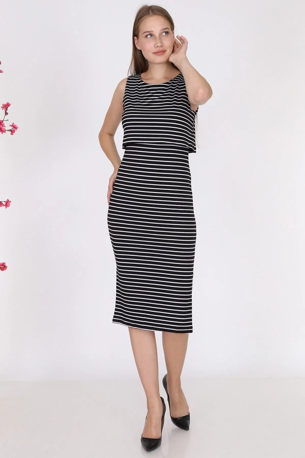 Black Striped Sleeveless Slit Breastfeeding Dress - Luvmabelly