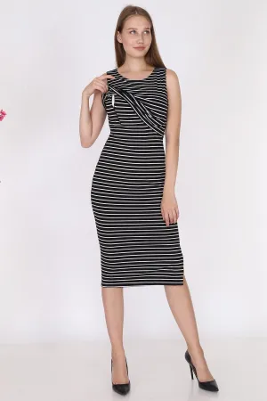 Black Striped Sleeveless Slit Breastfeeding Dress - Luvmabelly