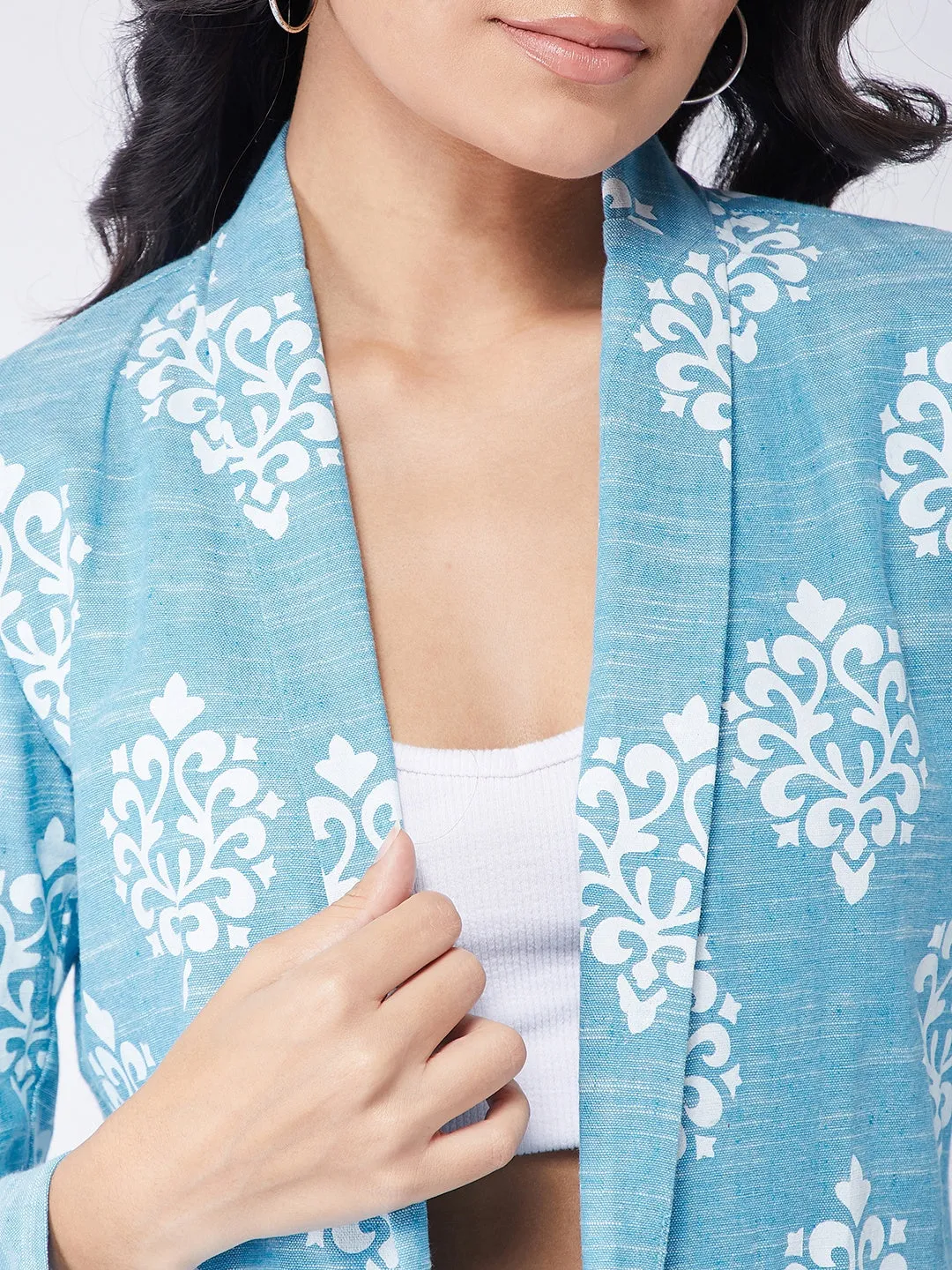 Blue Chambray Printed Blazer With Pant Set