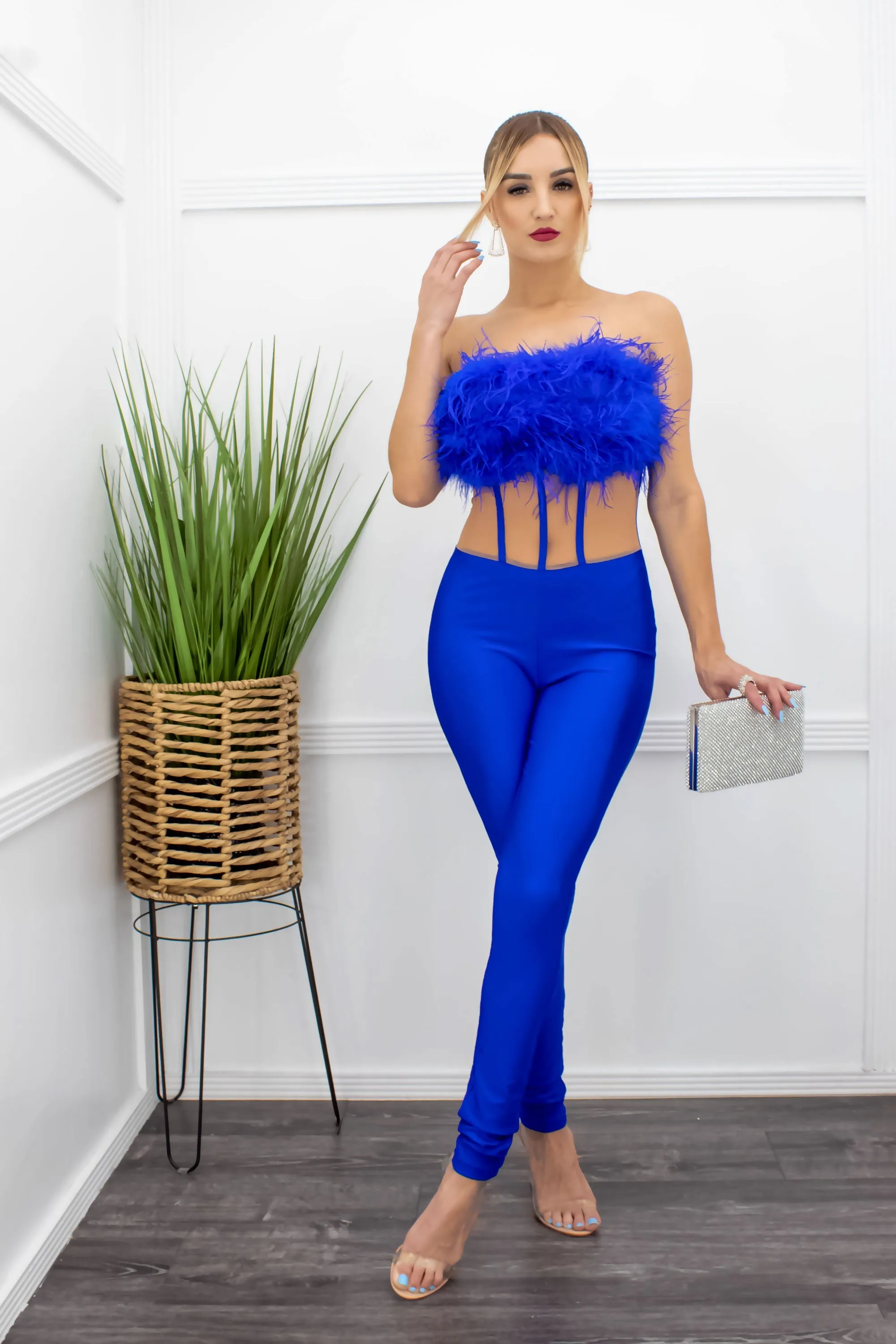 Blue Feather Tube Jumpsuit