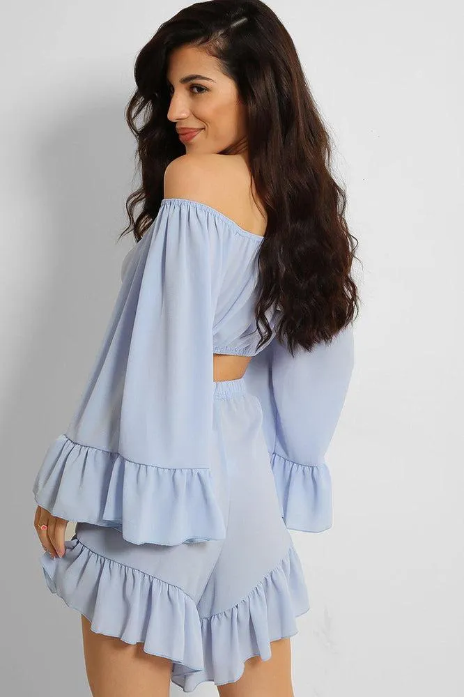 Blue Frill Trim Off Shoulder Crop Top Shorts Set