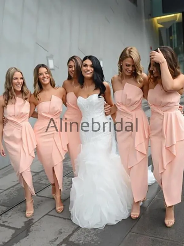 Blush Pink Fashion Unique Strapless Ankle Length Sheath Bridesmaid Dresses,AB4032