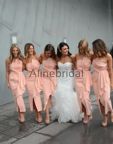 Blush Pink Fashion Unique Strapless Ankle Length Sheath Bridesmaid Dresses,AB4032