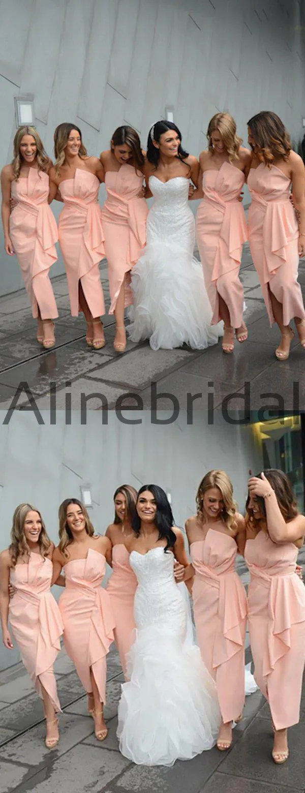 Blush Pink Fashion Unique Strapless Ankle Length Sheath Bridesmaid Dresses,AB4032