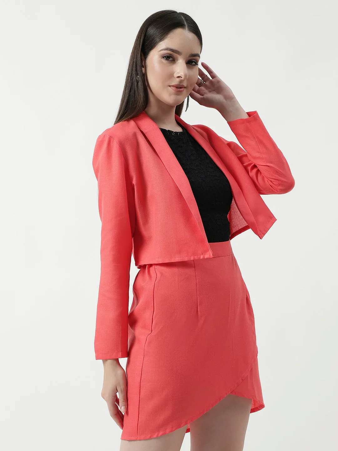 Bright Solid Blazer With Petal Design Skirt Set