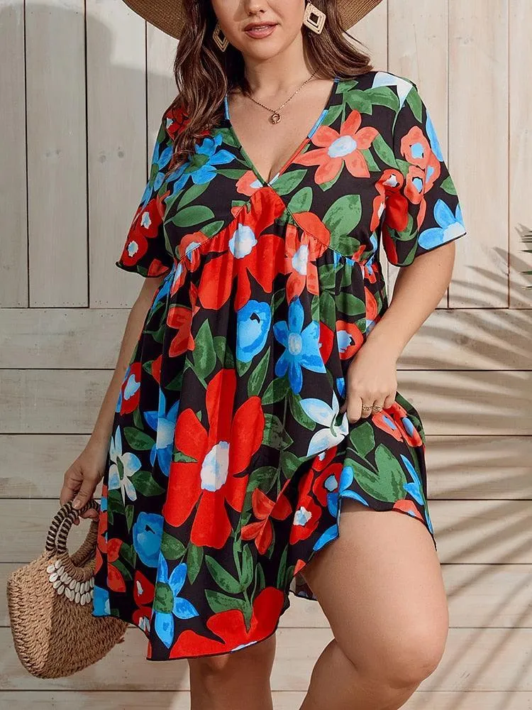 Butterfly Sleeves Floral Plus Size Dress