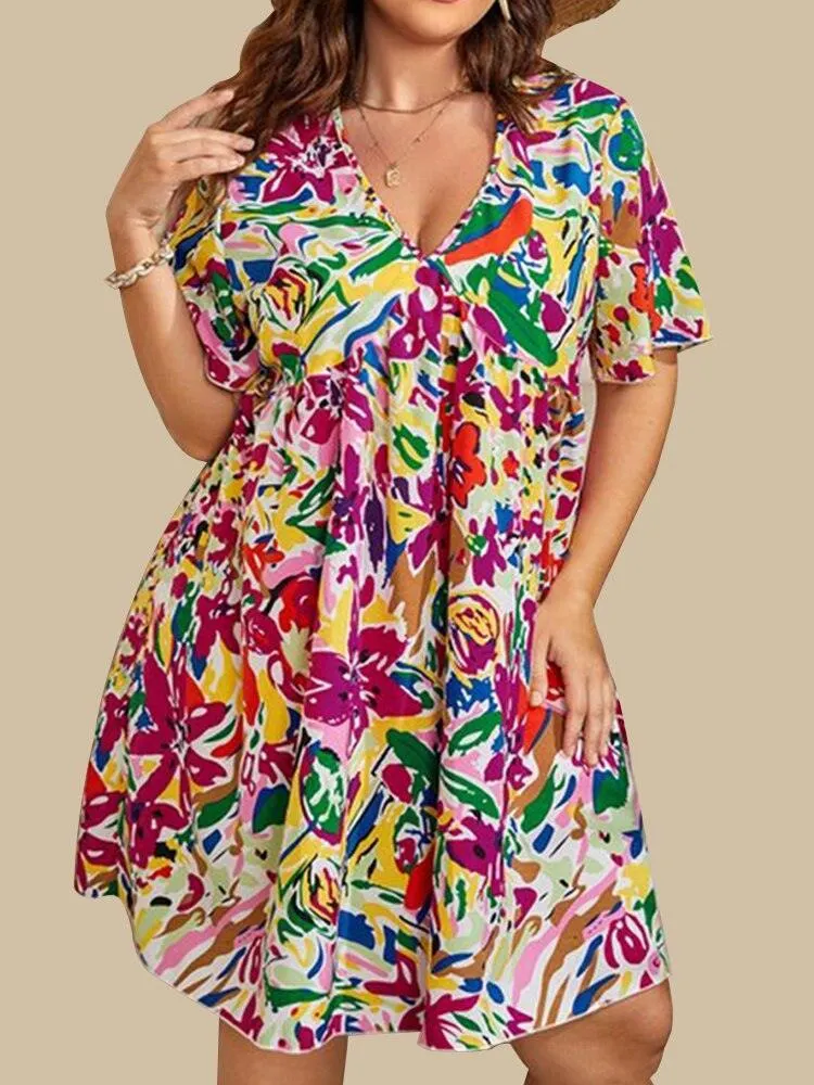 Butterfly Sleeves Floral Plus Size Dress