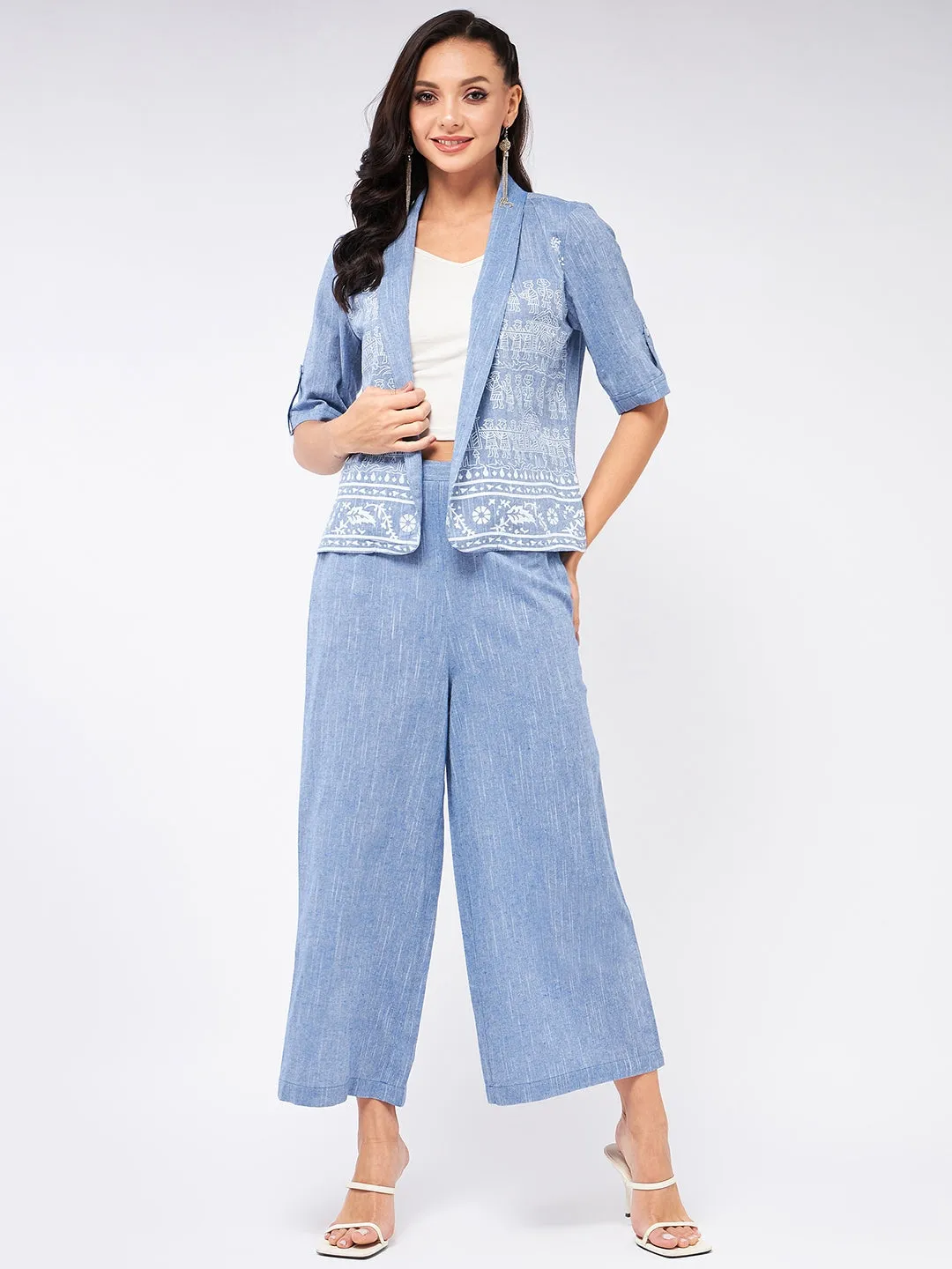 Chambray Printed Blazer With Matching Pant Set