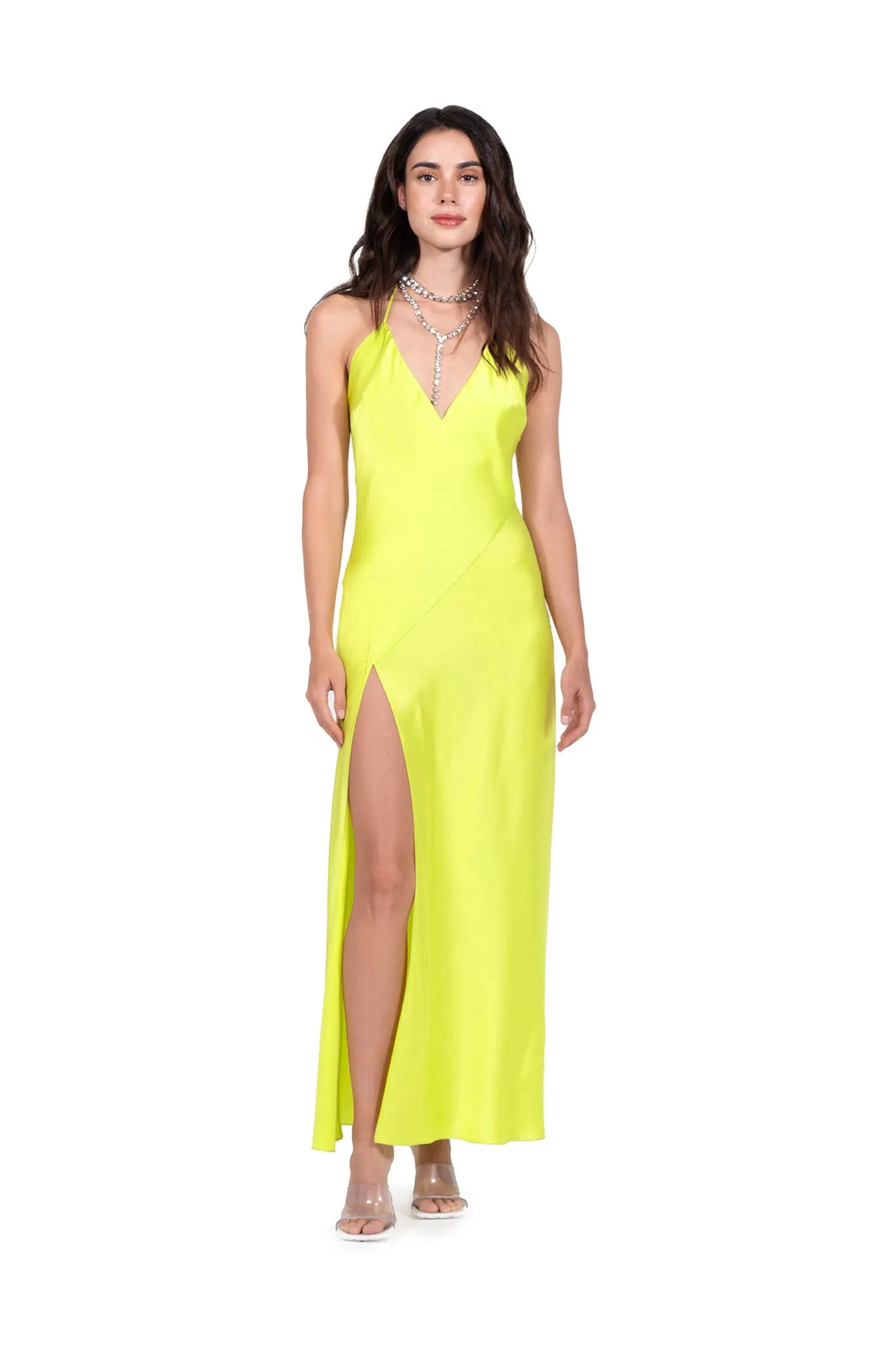 Chartreuse High Slit Deep V Halter Maxi