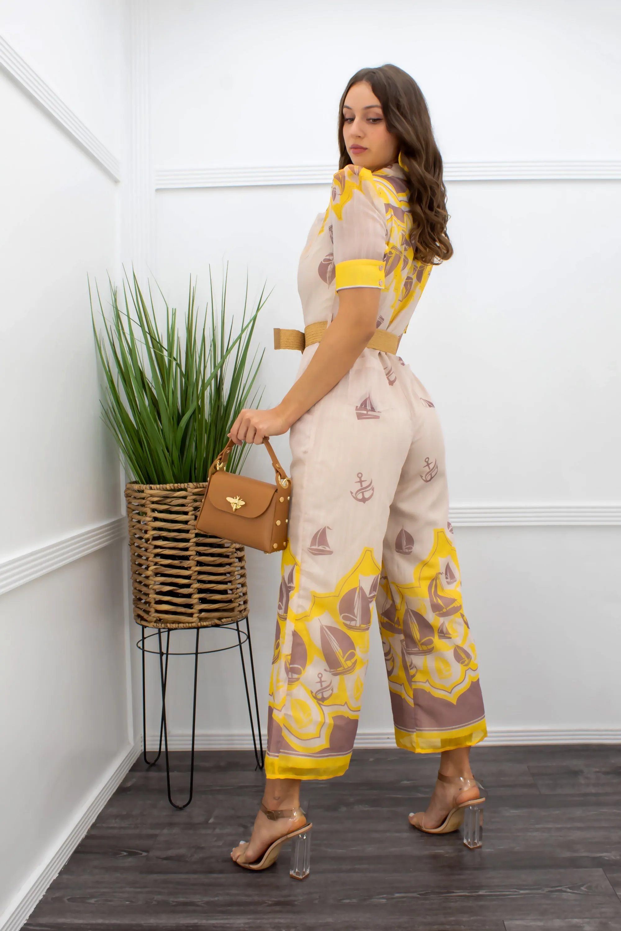 Chiffon Short Sleeve Belted Wide Leg Jumpsuit