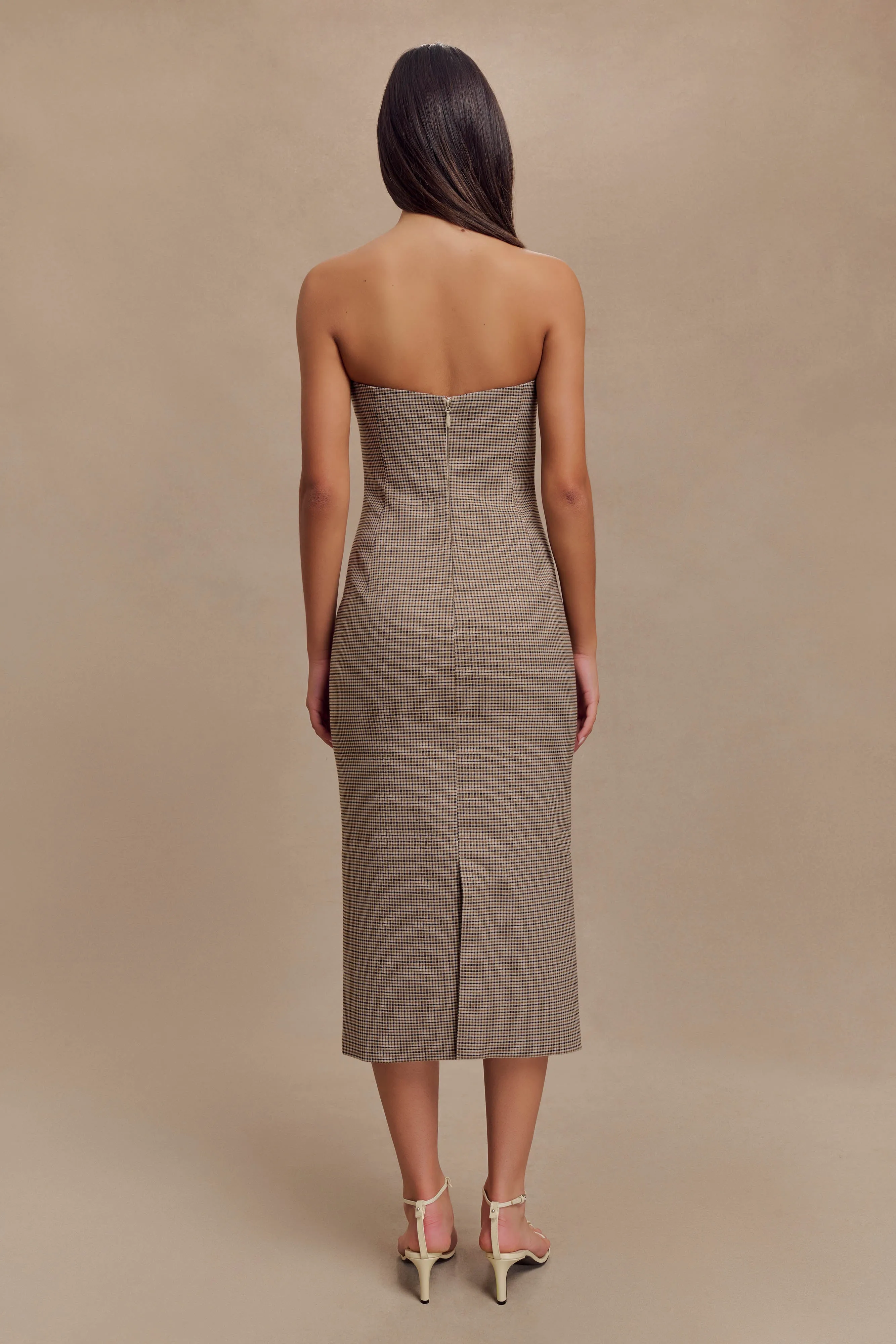 Christie Strapless Midi Dress - Tan Check