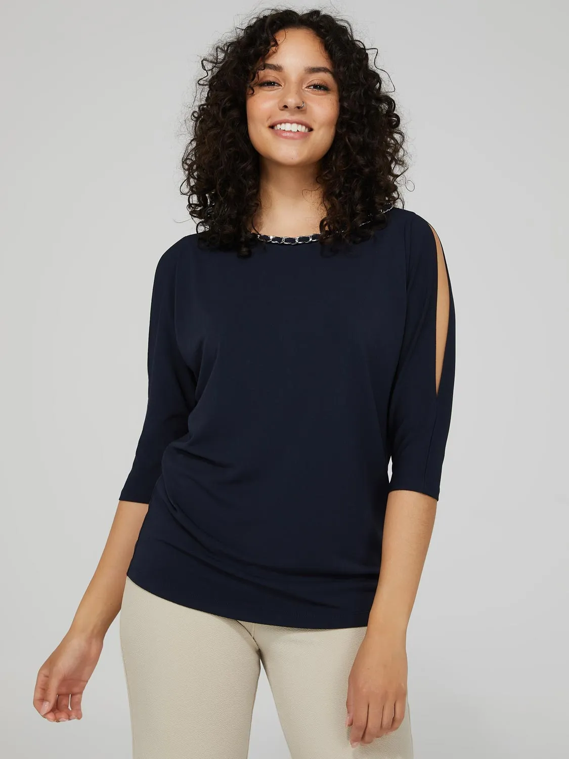 Cold Shoulder Top With Chain Neckline Detail