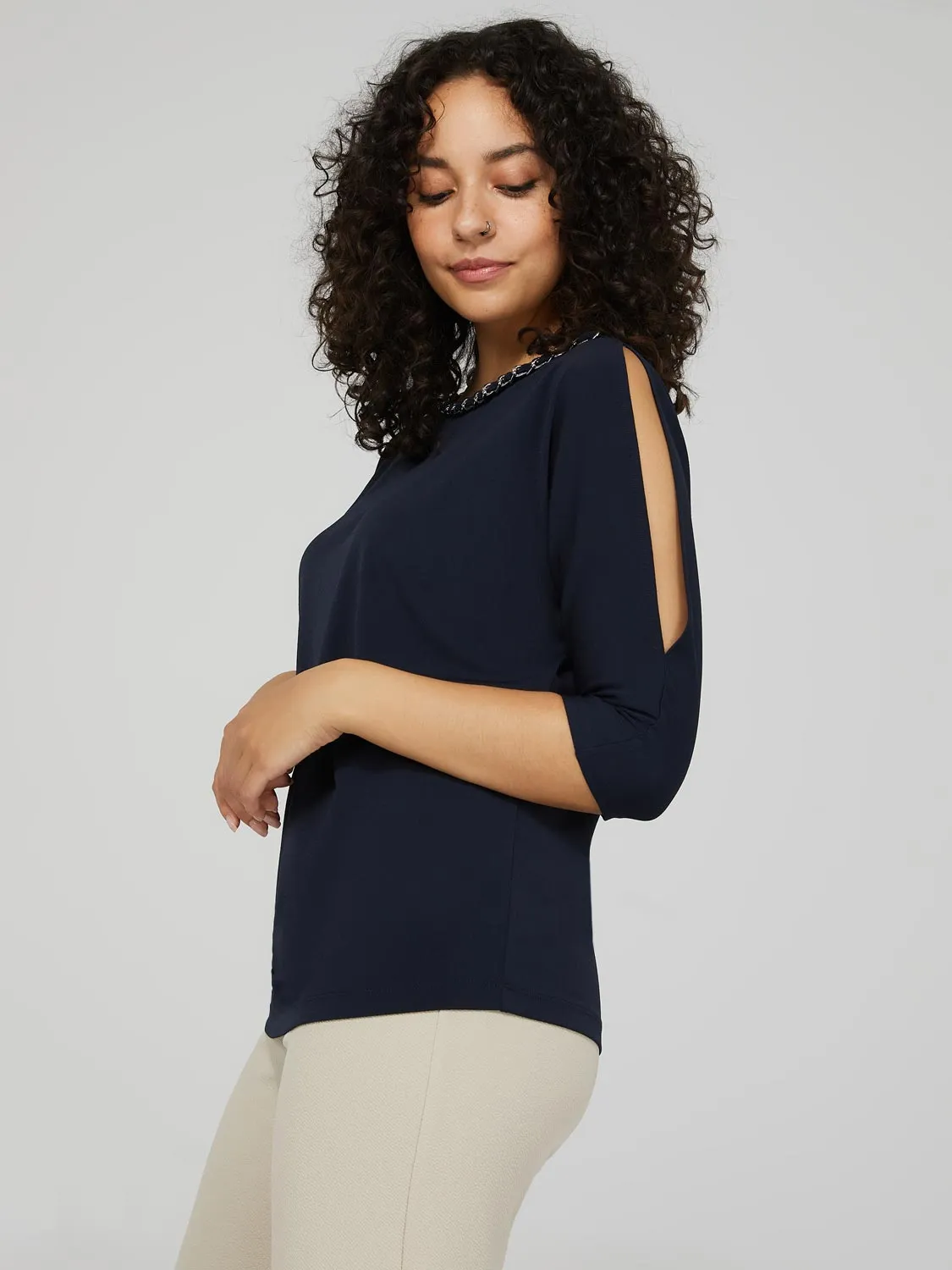 Cold Shoulder Top With Chain Neckline Detail