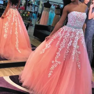 coral pageant dresses for women lace appliqué strapless prom dresses ball gown vestido de festa