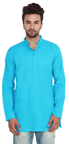 Cotton Dress Mens Short Kurta Shirt Indian Fashion Clothing (Blue)