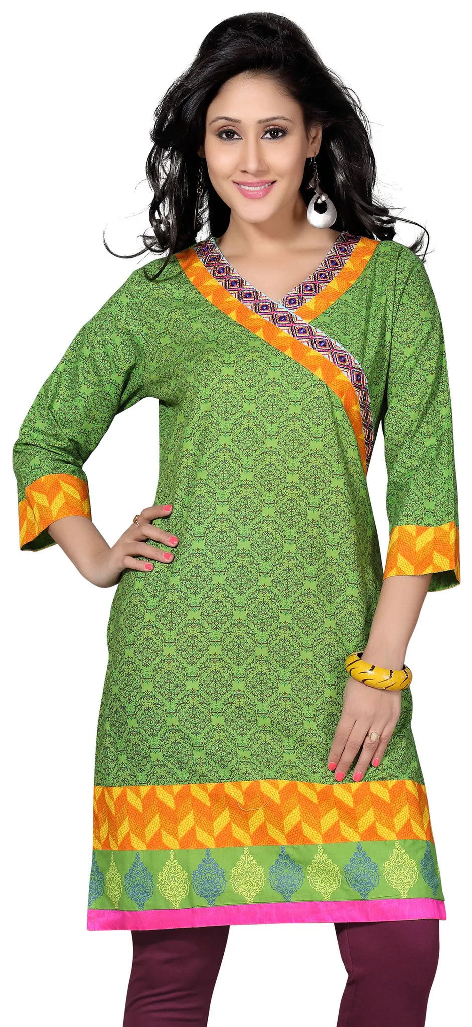 Cotton Embroidered Kurti Long Womens India Clothing (Green)