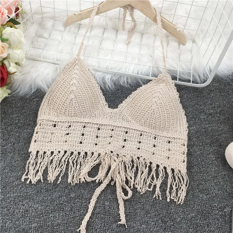 Crop Tops Retro Wild Hollow Perspective Tassel Sexy Spaghetti Strap Tanke Top Women