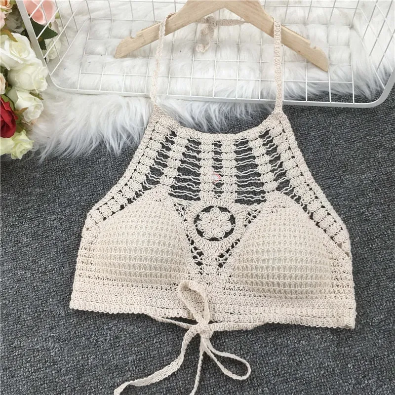 Crop Tops Retro Wild Hollow Perspective Tassel Sexy Spaghetti Strap Tanke Top Women