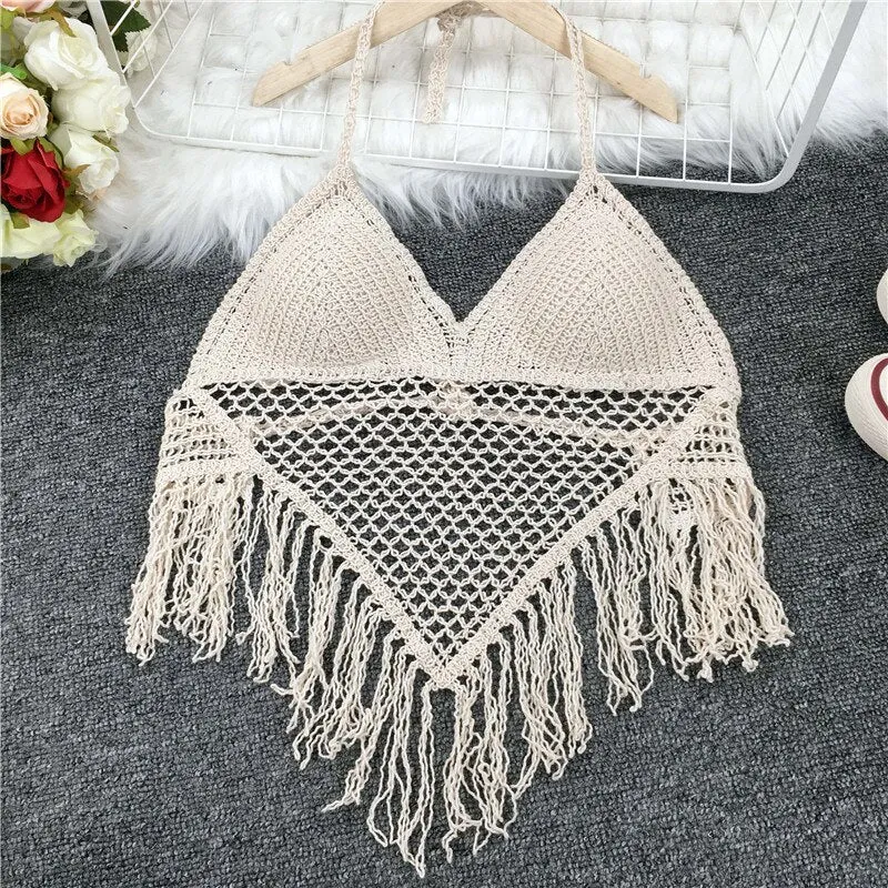 Crop Tops Retro Wild Hollow Perspective Tassel Sexy Spaghetti Strap Tanke Top Women