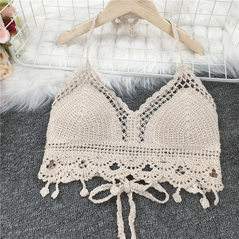 Crop Tops Retro Wild Hollow Perspective Tassel Sexy Spaghetti Strap Tanke Top Women