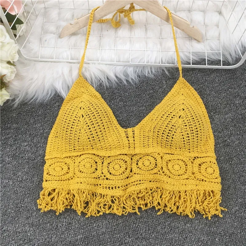 Crop Tops Retro Wild Hollow Perspective Tassel Sexy Spaghetti Strap Tanke Top Women